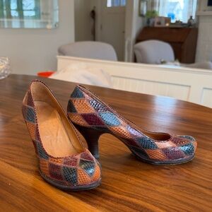Chie Mihara Brown and Blue Checkered Heels